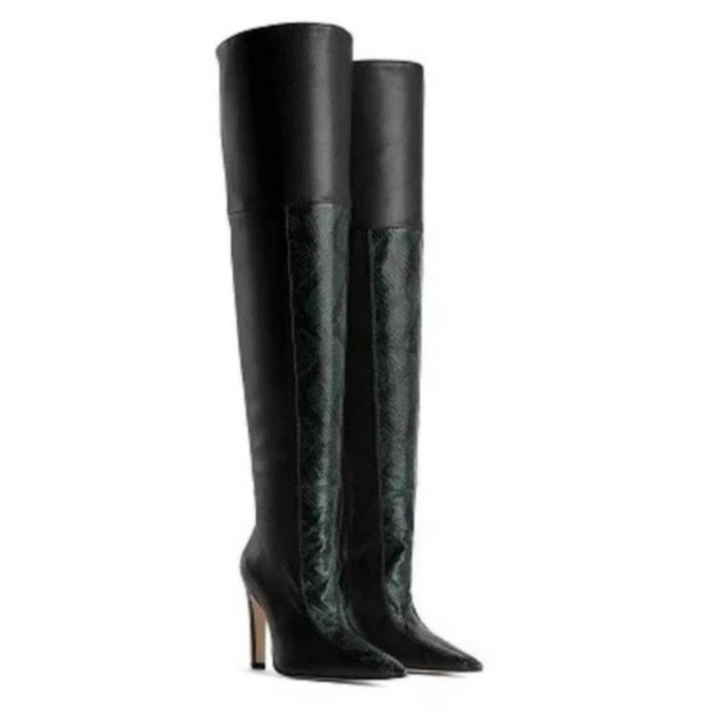 Good American Koko Embossed Snakeprint Thigh High Boots Black Leather 8.5 NEW!!!